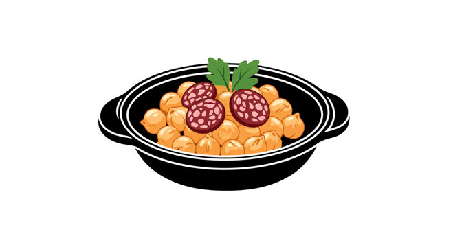 Chickpea stew with sliced chorizo sausage and fresh parsley garnish