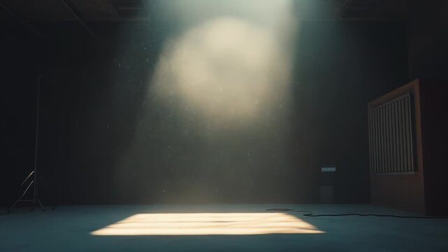 Empty studio space with atmospheric dust particles dancing in a bright beam of natural light, illuminating a section of the floor, creating a dramatic and serene scene