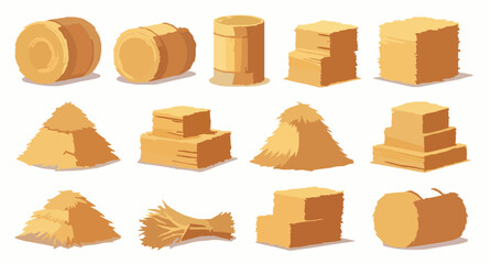 Set of colorful hay bales and straw stacks in flat vector illustration style for agricultural themes © Neoviz Studio