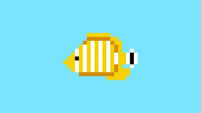 8-bit pixel art yellow tang fish. looped animation 4k 30fps
