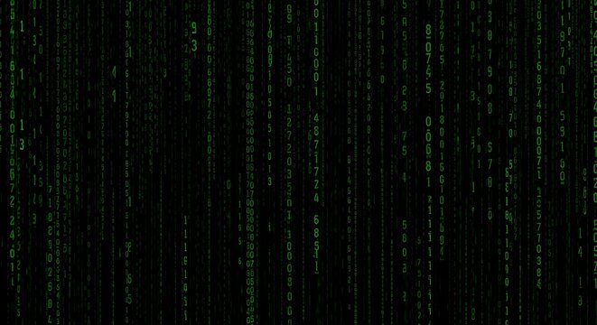 Green code matrix flows down screen in digital animation