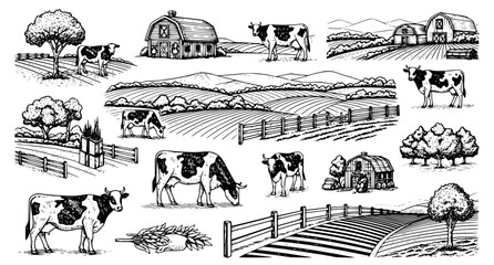 Farm landscape collection featuring cows barns and fields in black and white ink illustration style © Neoviz Studio