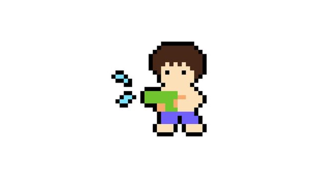8-bit pixel art summer character with water gun. looped animation 4k 30fps