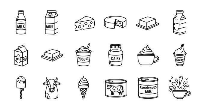 Set of outline icons representing various dairy products and farm food staples for culinary design projects