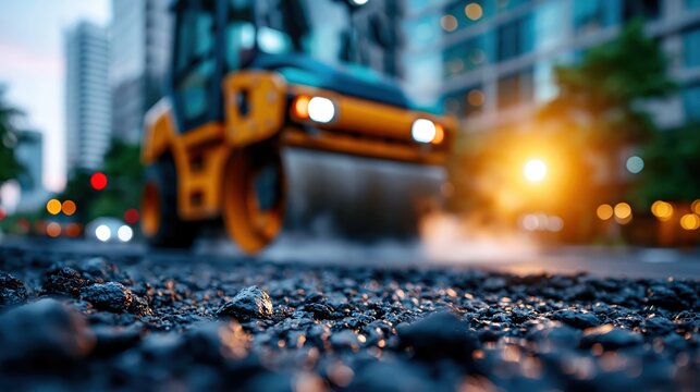 Yellow road roller on newly paved asphalt with road surface in warm urban light