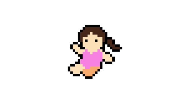 8-bit pixel art summer gir lcharacter with pink swimsuit. looped animation 4k 30fps
