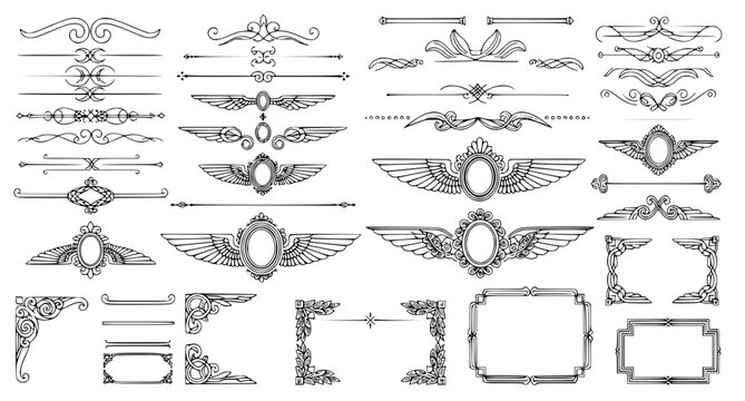 Ornate vintage page dividers and decorative corner frames in calligraphic style for sophisticated document design and editorial layout projects