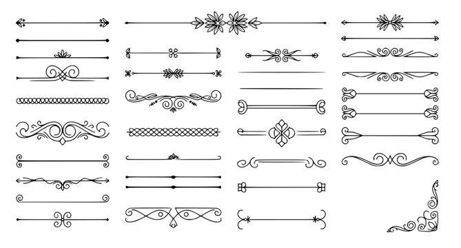 Set of decorative text dividers and borders in vintage calligraphic style for professional document formatting and editorial page layout design