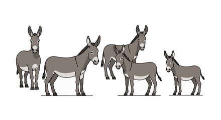 Obraz premium A herd of five grey cartoon donkeys stands against a white background