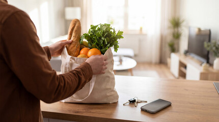 Obraz premium A person unpacks fresh groceries from a reusable cloth bag onto a kitchen counter.