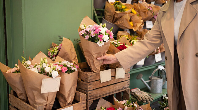 Woman's hand selecting a beautiful bouquet of fresh pink and white flowers from a rustic outdoor market stall.