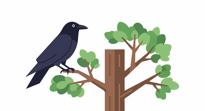 A dark bird perches on a branch of a simple tree illustration