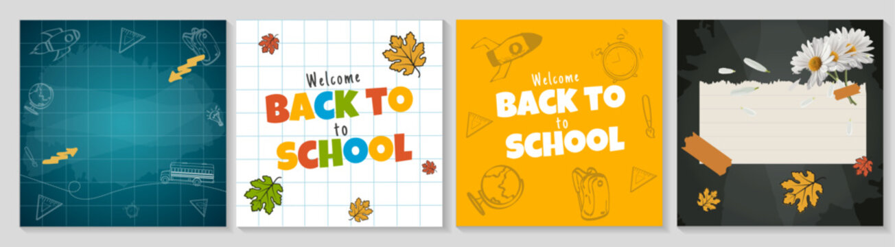 Back to school template set in square orientation. Creative social media backgrounds with chalkboard, grid, and autumn leaves. Four educational designs for posters, flyers, or digital marketing.