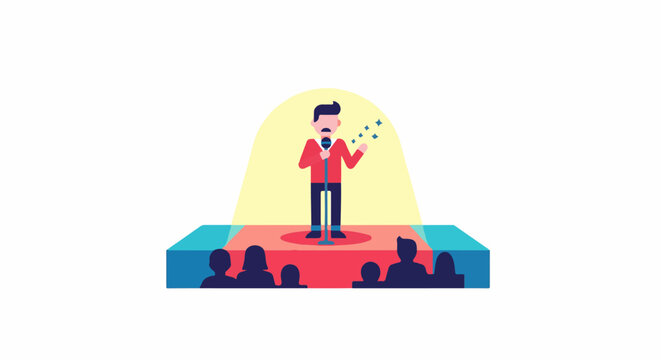 A performer on stage tells jokes to an audience under a spotlight