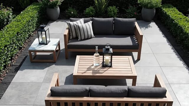 Outdoor patio furniture arrangement with cushions and lanterns in daylight
