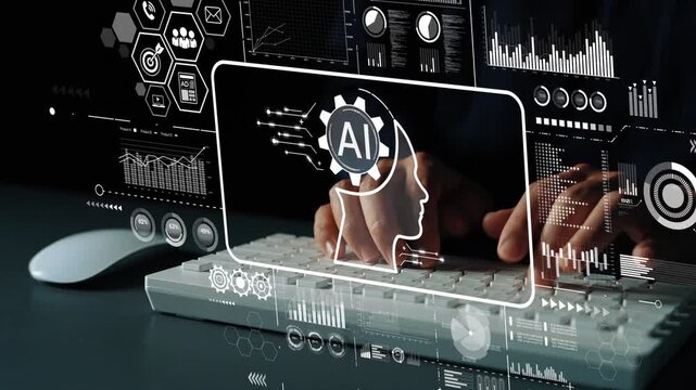Person Using Keyboard with AI Graphics and Data Visualizations in a Modern Digital Environment. Asymptotic smart data analytic.