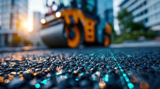 Yellow road roller on newly paved asphalt with road surface in warm urban light