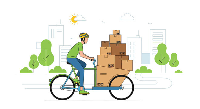 Delivery cyclist carrying a stack of packages on a cargo bike through a city with trees and sun