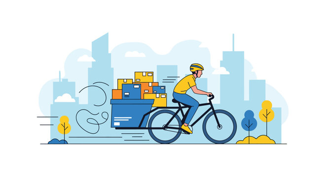 Delivery cyclist in urban environment carrying a large load of packages on a bicycle with city skyline in background