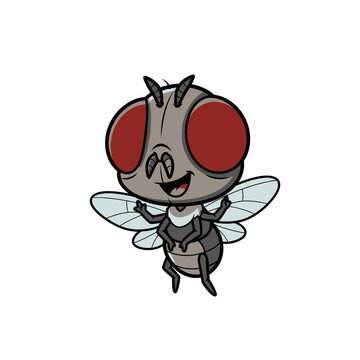 Cartoon house fly character with large red compound eyes and grey body, smiling and hovering with spread wings, isolated on a white background, vector illustration mascot design.