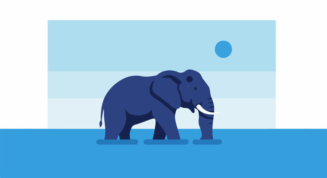 A large dark blue elephant walks through blue water under a blue sky