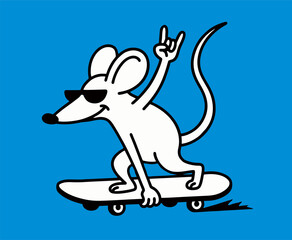 Cool White Mouse Character Skateboarding with Rock On Hand Gesture © Indra