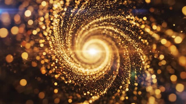 Abstract golden swirling particles forming a vortex tunnel, glowing light at the end, motion graphics background, representing luxury and celebration