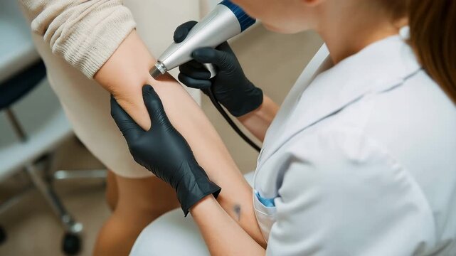 The physician does a dermatoscopy. skin cancer prevention. Nevi with normal skin.