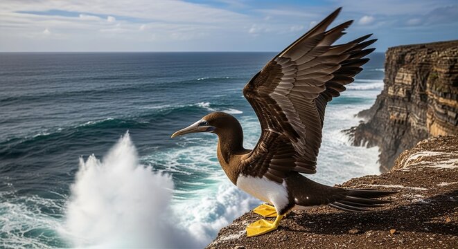 Brown Booby Ocean Cliff Dive Preparation