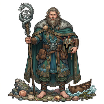 Celtic sea god Manannan mac Lir holding a dragon staff and a helmet standing on a beach