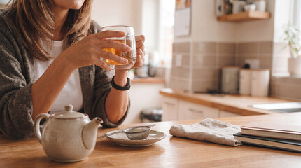 Woman's hands holding a clear glass of herbal tea at a kitchen table, symbolizing peace and...