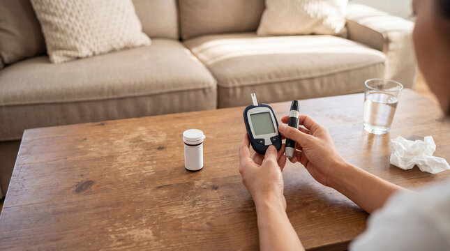 A person holds a blood glucose meter and lancet pen, attentively preparing for a crucial self-monitoring blood test.