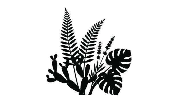 Black silhouette of various tropical leaves and plants