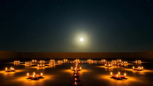 Multiple small flames glowing on a terrace under the night sky with moon