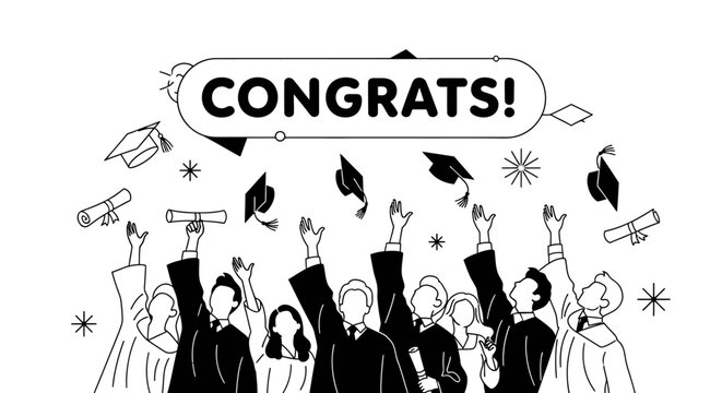 Students throwing graduation caps with congrats text minimalist illustration