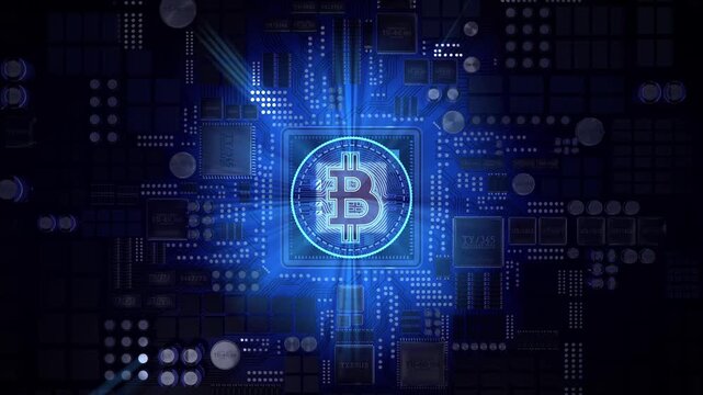 Neon Cryptocurrency Bitcoin on Computer Motherboard with Processor