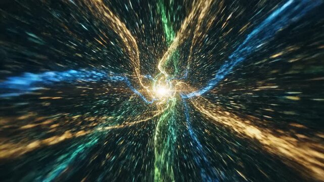 Abstract swirling colorful light particles moving through a cosmic wormhole or tunnel, representing hyperspace travel or energy flow
