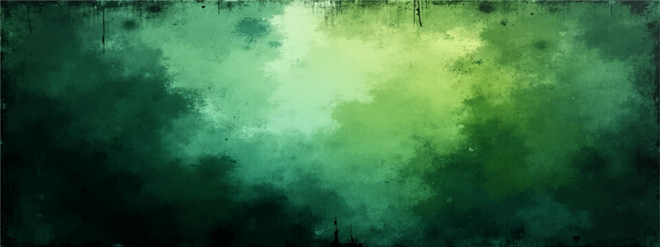 Abstract green grunge background with rays of bright light piercing through a dark smoky texture and blue cloudscape for a nature inspired space backdrop