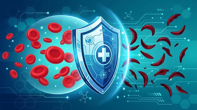 Medical illustration depicting a shield protecting healthy red blood cells from sickle-shaped cells, symbolizing health and disease protection