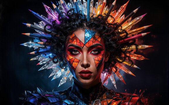 A vibrant artistic portrait with colorful pencils radiating from a
