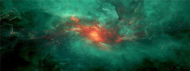 Cinematic deep space nebula background with glowing orange core, ethereal green cosmic gas clouds and stardust, abstract galaxy universe vector illustration for sci-fi posters and wallpapers © Sanatçi