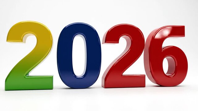 Large three dimensional glossy numbers 2026 in green yellow blue and red colors arranged together on a white reflective studio background with soft shadows and perspective view.