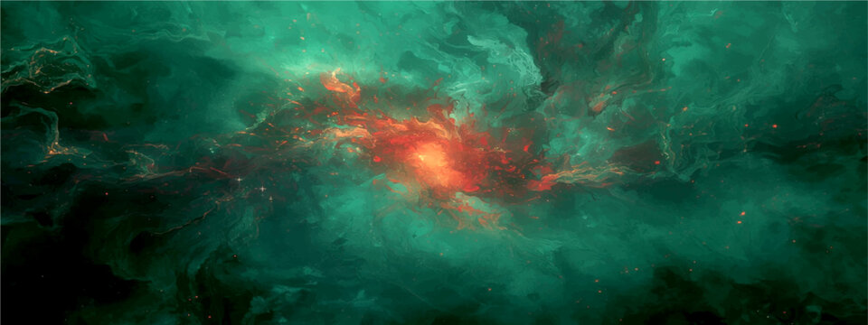Cinematic deep space nebula background with glowing orange core, ethereal green cosmic gas clouds and stardust, abstract galaxy universe vector illustration for sci-fi posters and wallpapers