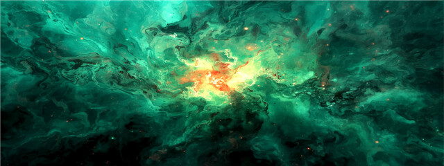 Ethereal emerald nebula vector background, glowing cosmic gas and stardust in deep space, vibrant green celestial galaxy texture, cinematic interstellar cloud for sci-fi wallpaper and posters © Sanatçi