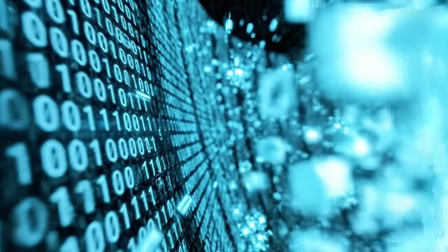 A blue-tinted digital tunnel made of binary code stretching into the distance with a bright light at the end