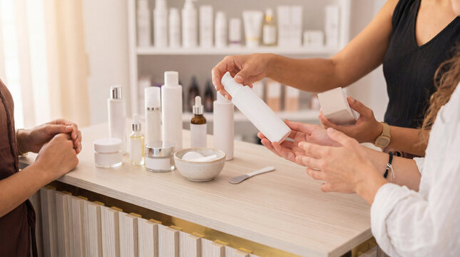 Two women discussing skincare products at a beauty counter, holding cosmetic bottles and packaging for sale.