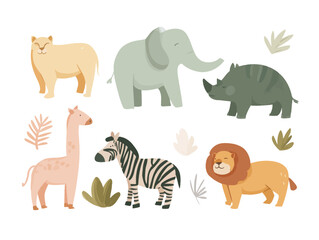 Naklejka premium Cartoon safari animals collection featuring elephant, lion, zebra, and more