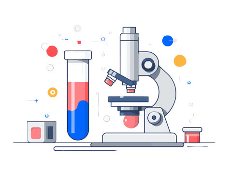 Illustrated scientific laboratory equipment with microscope and test tubes
