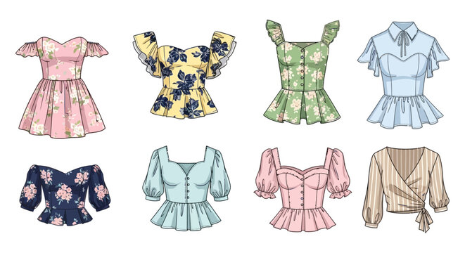Collection of fashion illustrations showcasing stylish peplum tops and a floral dress with intricate details and vibrant patterns