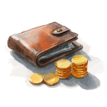 Brown leather wallet with stacked gold coins on white background